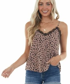 Eesome Rose Taupe Cheetah Print Eyelash Lace Tank Tops