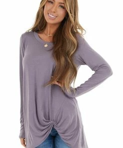 Kye Mi Lavender Knit Long Sleeve Top With Hem Twist Detail