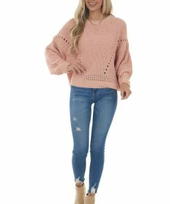 Charlotte Avery Peach Chenille Bubble Sleeve Cut Out Sweater