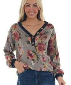 Haptics Taupe Floral Print Long Sleeve V Neck Knit Top Tops