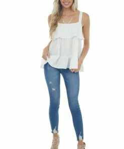 Entro Off White Woven Tank Top With Ruffle Details Tops