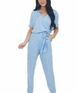 NAKED ZEBRA Dresses Powder Surplice Woven Short Sleeve Jumpsuit