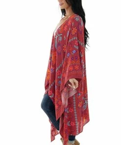 Easel Tops Marsala And Fire Colorful Floral Print Kimono