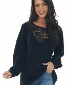 BiBi Tops Black Waffle Knit Long Sleeve Sheer Lace Top