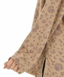 Cotton Bleu Taupe Leopard Print French Terry Knit Long Sleeve Top Tops