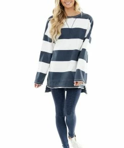 Cezele Vintage Navy And White Striped Print Long Sleeve Knit Top 25 Cezele Vintage Navy And White Striped Print Long Sleeve Knit Top