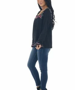 Andree Black Floral Embroidered Babydoll Knit Top Tops