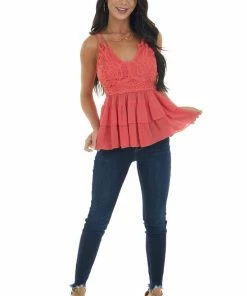 Lime Lush Bright Coral Crochet Lace Top With Bow Tie Back 13 Lime Lush Bright Coral Crochet Lace Top With Bow Tie Back
