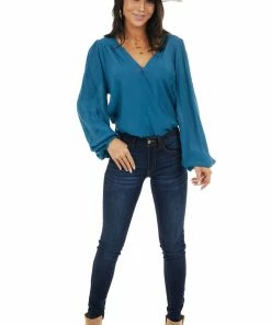 Kori America Tops Dark Teal Surplice Puff Sleeve Blouse With Bubble Hemline