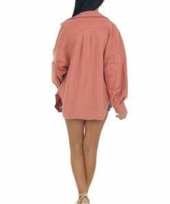 Cezele Terracotta Button Up Oversized Shirt Jacket Tops 32 Cezele Terracotta Button Up Oversized Shirt Jacket Tops