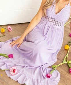 HYFVE Lavender Lace V Neck Maxi Dress With Ruffle Hem Dresses