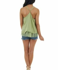 L Love Pistachio V Neck Satin Sleeveless Top With Ruffle Hemline