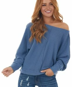 She + Sky Hazy Blue Dolman Sleeve Fleece Waffle Knit Top