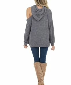 143 Story Heathered Charcoal Fleece Lined Hoodie With Cold Shoulder
