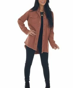 143 Story Chestnut Frayed Hem Denim Shirt Jacket Tops
