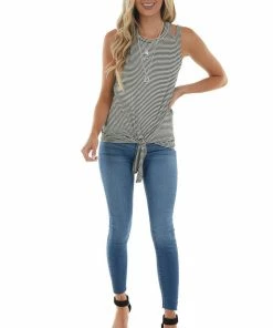 Lime Lush Tops Black Striped Shoulder Cut Out Knit Tank Top With Front Tie