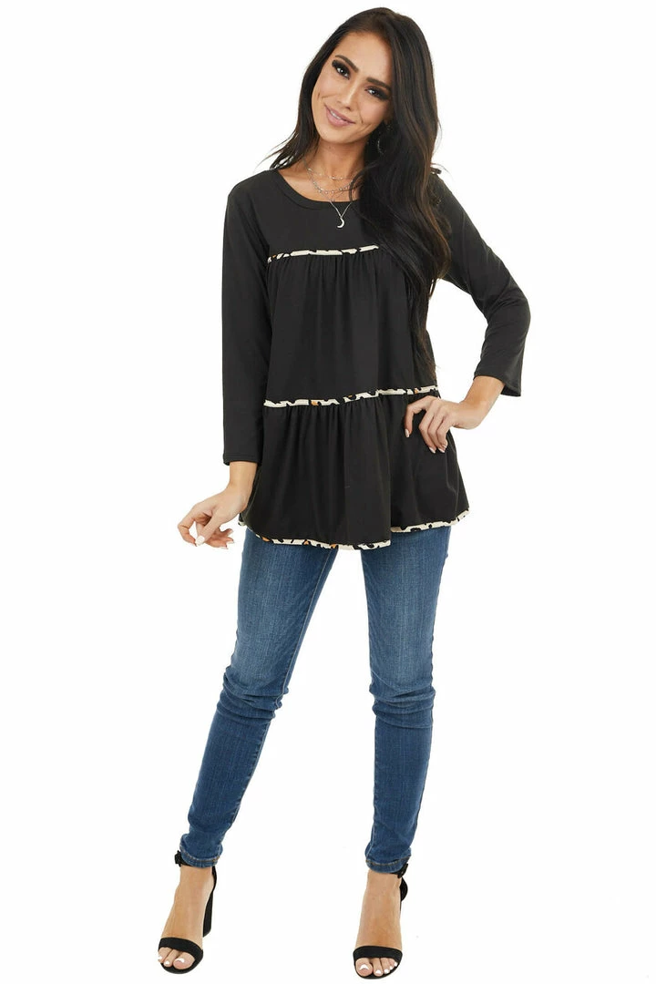 Entro Black Tiered Long Sleeve Top With Leopard Print Details Tops 15 Entro Black Tiered Long Sleeve Top With Leopard Print Details Tops