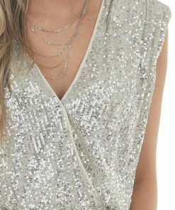 She + Sky Cream Sequined Surplice Shoulder Pad Bodysuit 29 She + Sky Cream Sequined Surplice Shoulder Pad Bodysuit