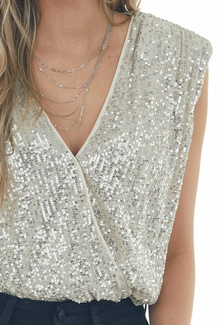 She + Sky Cream Sequined Surplice Shoulder Pad Bodysuit 16 She + Sky Cream Sequined Surplice Shoulder Pad Bodysuit