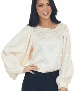 Vine & Love Tops Rich Vanilla Checkered Long Sleeve Blouse