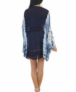 ANGIE Navy Tie Dye Print Open Front Kimono With Rounded Hem