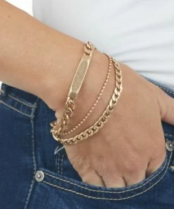 Fame Accessories Gold 3 Layer Flat Chain Bar Detail Bracelet