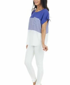 Staccato Tops Royal Blue And White Colorblock Striped Short Sleeve Top