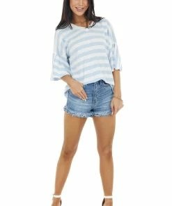 Davi & Dani Tops Powder Blue And Eggshell Striped Short Sleeve V Neck Top