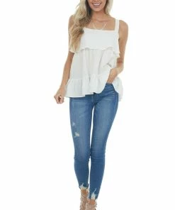 Entro Off White Woven Tank Top With Ruffle Details Tops 13 Entro Off White Woven Tank Top With Ruffle Details Tops