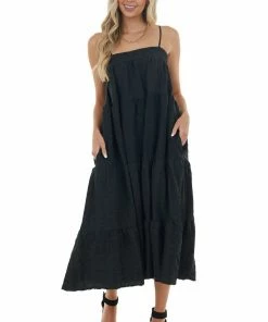 Entro Black Textured Tiered Tent Midi Woven Dress Dresses