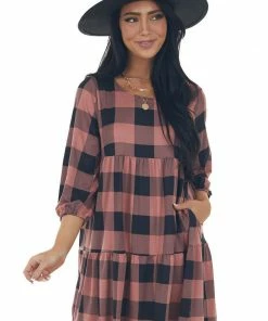 Fantastic Fawn Marsala Buffalo Plaid Long Bubble Sleeve Dress Dresses