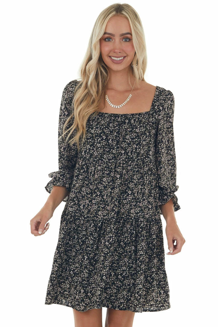 She + Sky Dresses Black Floral Square Neck Tiered Babydoll Dress 11 She + Sky Dresses Black Floral Square Neck Tiered Babydoll Dress