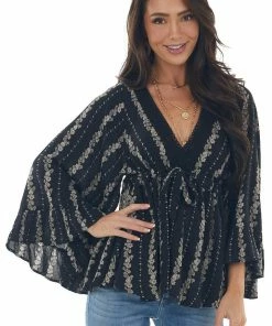 ANGIE Black Floral Print Drop Waist Top With Tie Tops