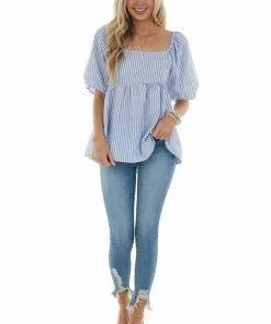 Ces Femme Cornflower Striped Puff Sleeve Babydoll Blouse 12 Ces Femme Cornflower Striped Puff Sleeve Babydoll Blouse
