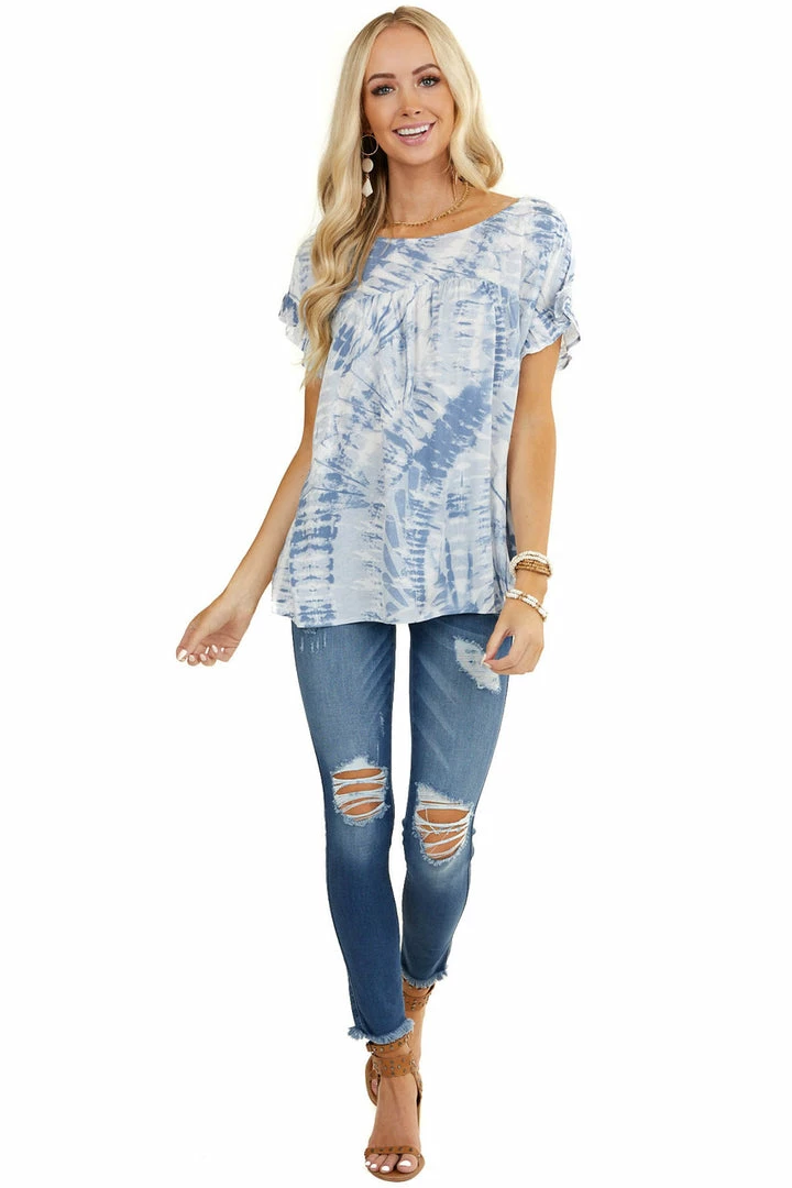 Kori America Tops Slate Blue Tie Dye Blouse With Short Ruffle Sleeves 17 Kori America Tops Slate Blue Tie Dye Blouse With Short Ruffle Sleeves