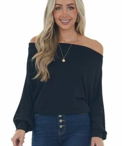 Eesome Black Off The Shoulder Banded Cuff Knit Top