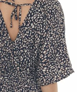 Staccato Navy Blue Leopard Print Surplice Half Sleeve Short Dress