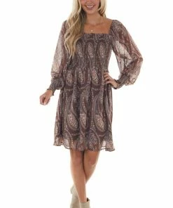 143 Story Mocha Paisley Print Smocked Woven Short Dress Dresses