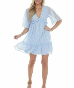 Sweet Lemon Powder Blue Swiss Dot V Neck 3/4 Sleeve Dress Dresses