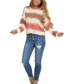 Lime 'N' Chili Sienna And Coral Tie Dye Round Neckline Long Sleeve Top Tops