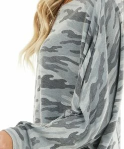 BiBi Tops Charcoal Camo Print Long Dolman Sleeve Knit Top