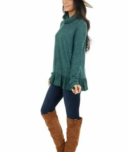 Staccato Pine Green Two Tone Cowl Neck Top With Ruffle Hem