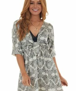 ROKOKO Cream Printed Plunging V Satin Short Dress Dresses