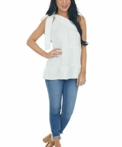 Entro White Silky One Shoulder Tied Strap Tiered Top
