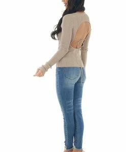 Emory Park Latte Ribbed Knit Top With Cut Out Back Tops