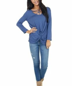 Cherish Dusty Blue 3/4 Sleeve Top With Caged Neckline Detail 28 Cherish Dusty Blue 3/4 Sleeve Top With Caged Neckline Detail