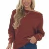 Hayden Tops Rust Off Shoulder Ribbed Knit Top With Zipper Detail