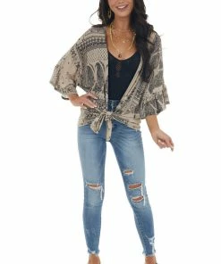 Lovely Melody Latte Abstract Print Open Front Knit Cardigan