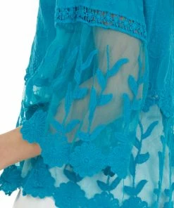 Davi & Dani Teal Crochet Lace And Sheer Mesh Blouse Tops