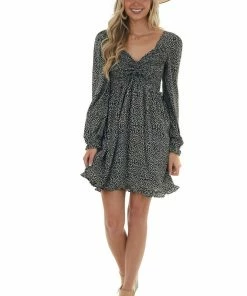 She + Sky Black Ditsy Leaf Print Long Sleeve Short Dress Dresses